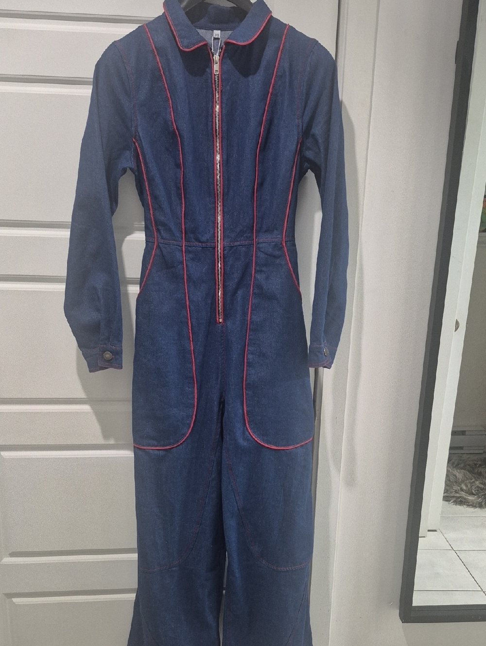 Dark Denim Jumpsuit with Pink Contrast Piping